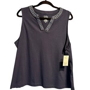 NWT Croft & Barrow Size XXL Knit Sleeveless Top Embroidered Neckline Navy Comfy